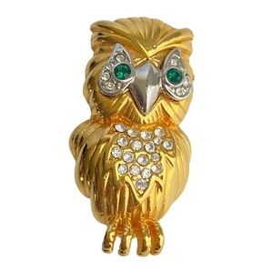 Vintage 60s Owl Brooch Two Tone Gold Silver Green Rhinestone Bird Pin Estate